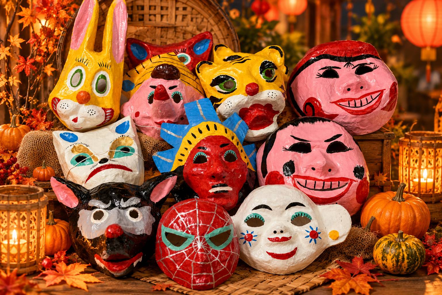 Ý tưởng treo tường mặt nạ giấy bồi kết hợp ánh sáng ma quái tạo chiều sâu cho đêm Halloween