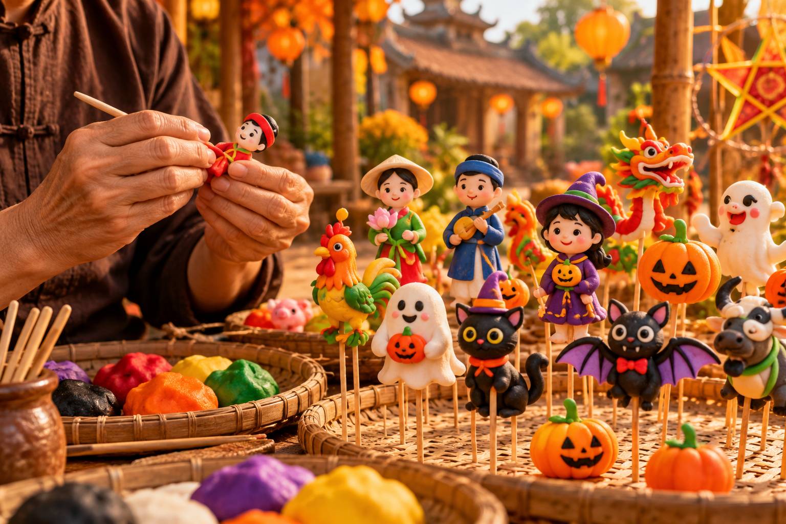 Bàn tay khéo léo của nghệ nhân đang tạo hình nhân vật tò he đáng yêu từ bột nếp truyền thống
