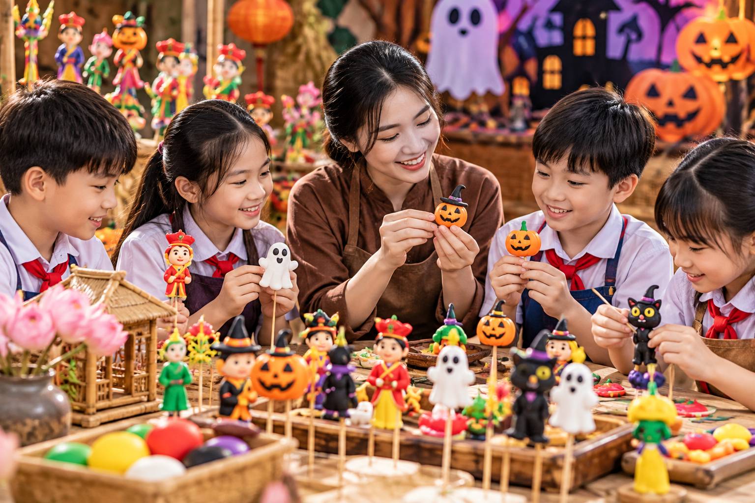 Niềm vui của bạn nhỏ khi được cầm trên tay cây tò he Halloween vừa tự làm 